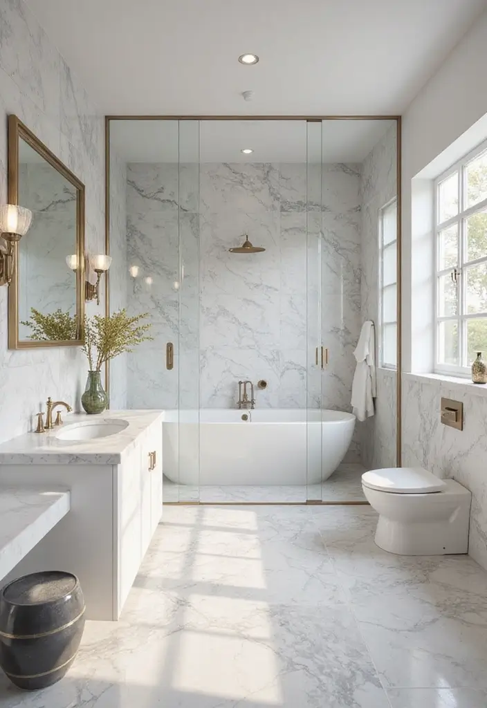 27 White And Grey Marble Bathroom Designs That Shine - 18. Marble with Metallic Accents
