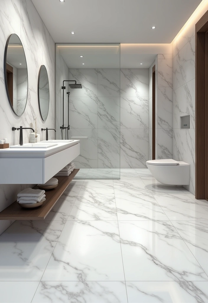27 White And Grey Marble Bathroom Designs That Shine - 2. Marble Tile Flooring
