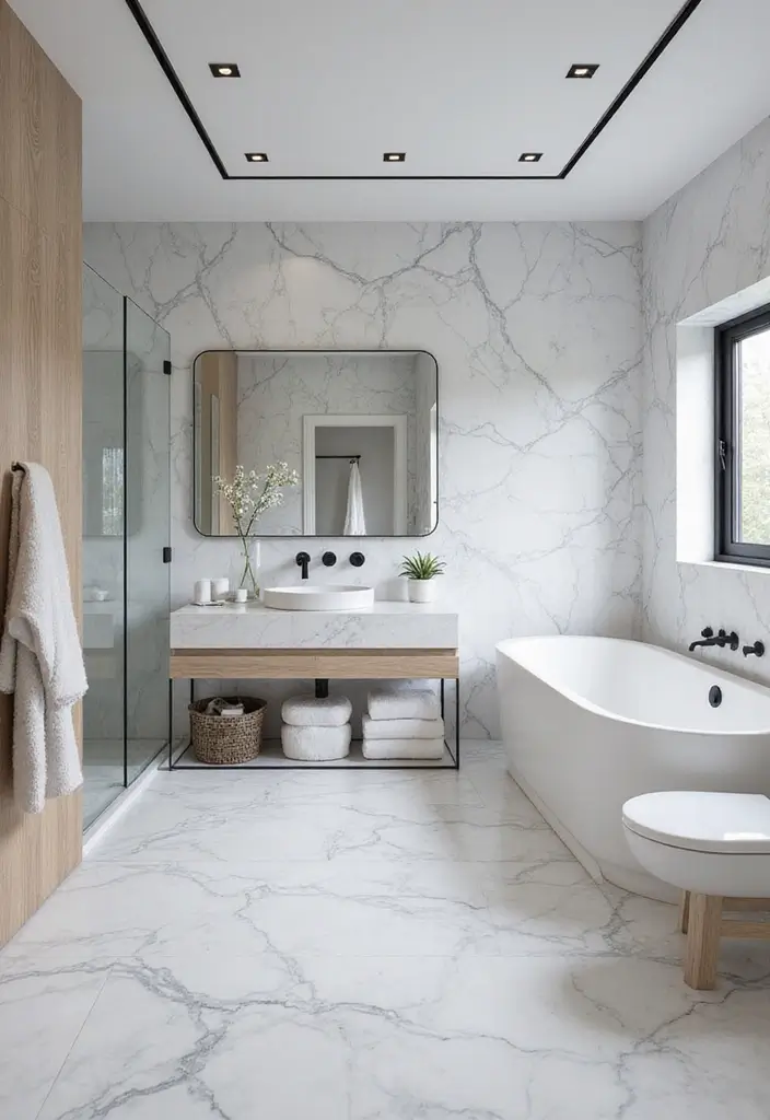 27 White And Grey Marble Bathroom Designs That Shine - 21. Monochromatic Marble Designs