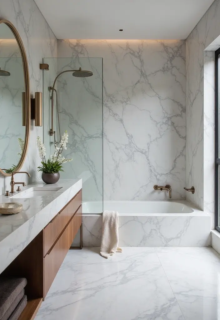 27 White And Grey Marble Bathroom Designs That Shine - 23. Glossy vs. Matte Finishes