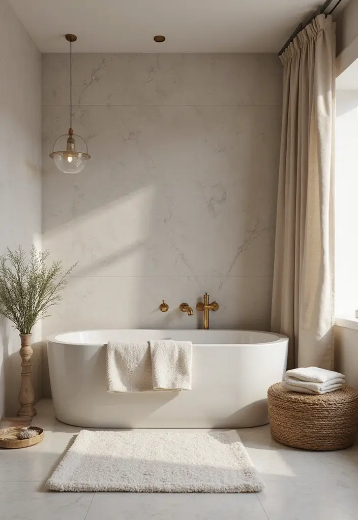 27 White And Grey Marble Bathroom Designs That Shine - 25. Marble with Textiles