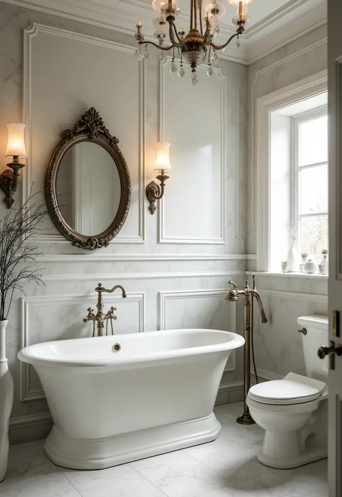 27 White And Grey Marble Bathroom Designs That Shine - 26. Marble in Vintage Styles
