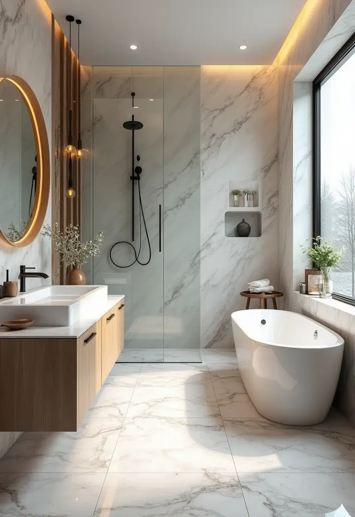 27 White And Grey Marble Bathroom Designs That Shine - 27. Sophisticated Marble Color Combinations