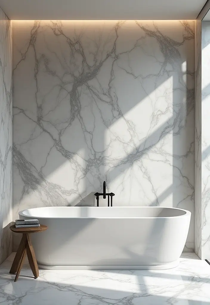 27 White And Grey Marble Bathroom Designs That Shine - 3. Statement Marble Walls