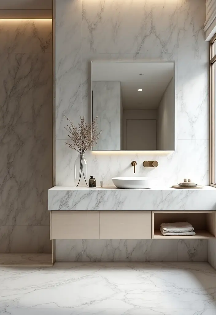27 White And Grey Marble Bathroom Designs That Shine - 4. Minimalist Marble Vanities