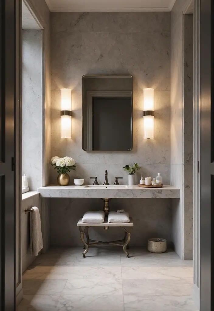 27 White And Grey Marble Bathroom Designs That Shine - 5. Grey Accented Lighting