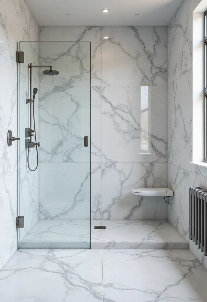27 White And Grey Marble Bathroom Designs That Shine - 6. Marble Shower Walls