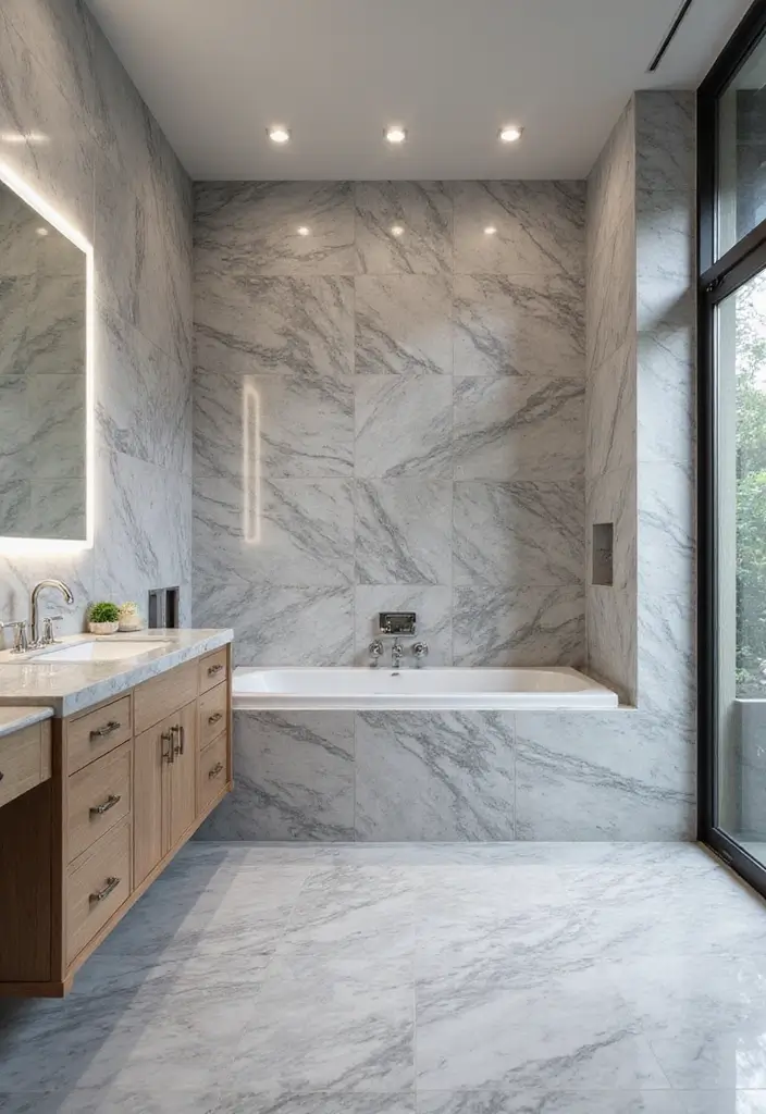 27 White And Grey Marble Bathroom Designs That Shine - 9. Grey Marble Textures