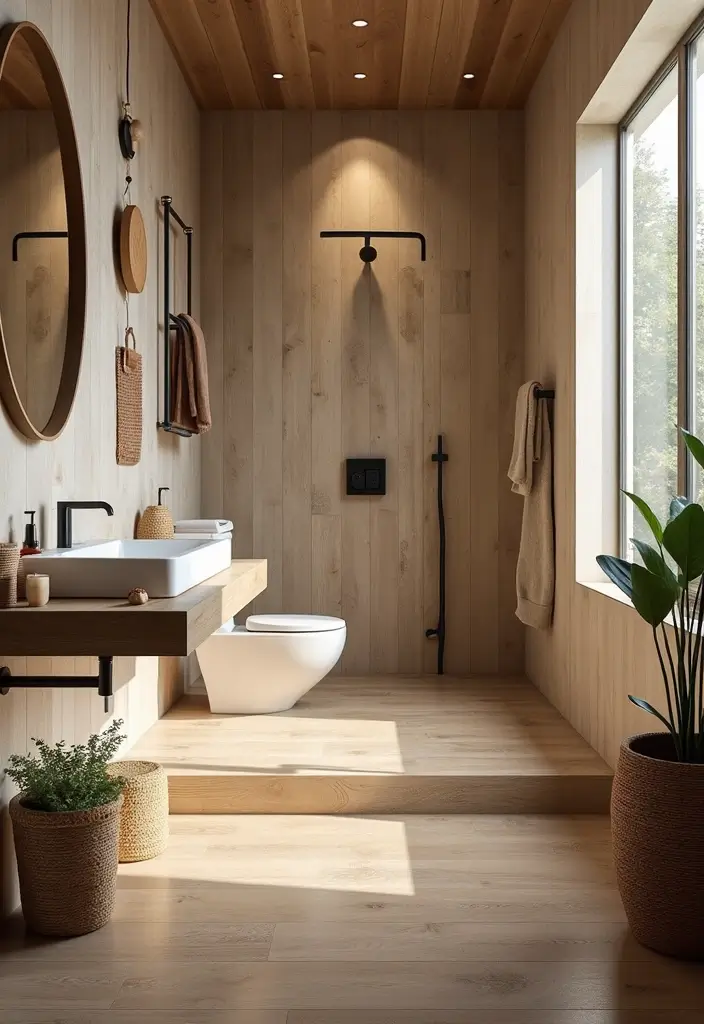 28 Bathroom Floor And Wall Tile Ideas That Match Perfectly - 14. Wood-Look Tiles for Warmth and Texture