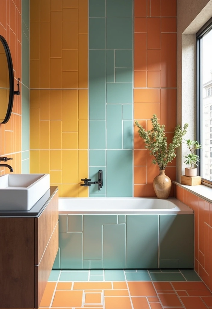 28 Bathroom Floor And Wall Tile Ideas That Match Perfectly - 15. Color Block Tiles for a Fun Twist