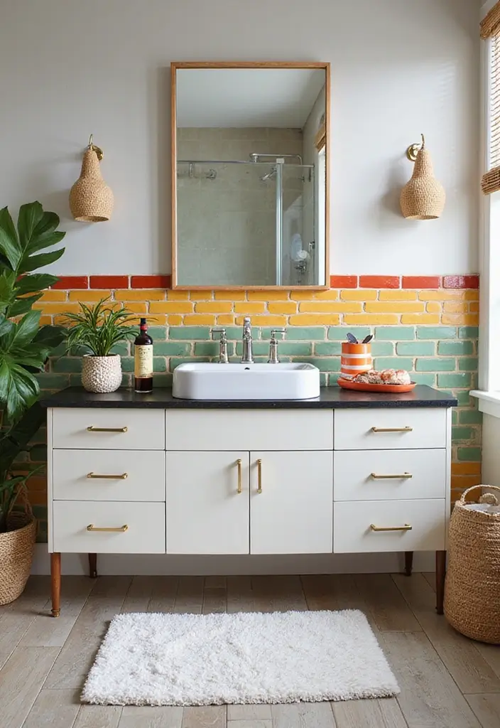 28 Bathroom Floor And Wall Tile Ideas That Match Perfectly - 20. Colorful Subway Tiles for a Modern Twist