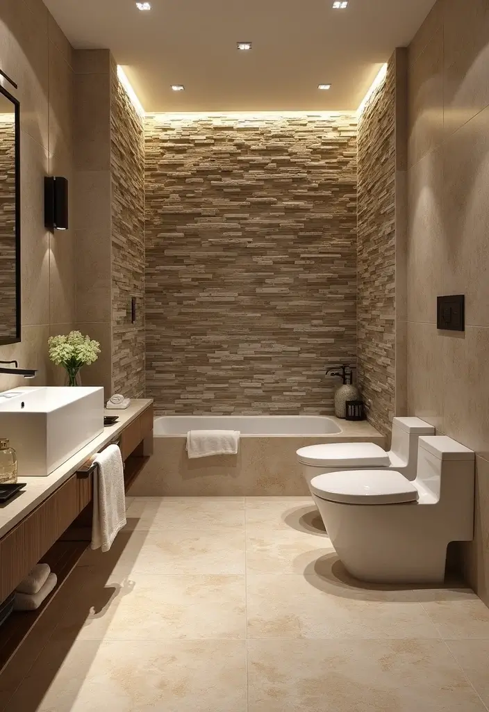 28 Bathroom Floor And Wall Tile Ideas That Match Perfectly - 26. Stacked Stone Tiles for a Natural Aesthetic