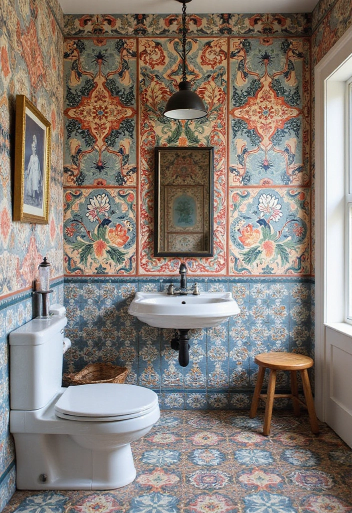 28 Bathroom Floor And Wall Tile Ideas That Match Perfectly - 8. Encaustic Cement Tiles for a Burst of Color