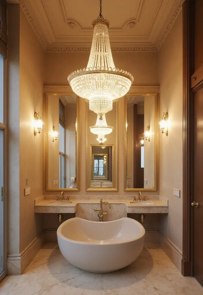 28 Bathroom High Ceiling Ideas That Add Drama - 1. Statement Lighting Fixtures