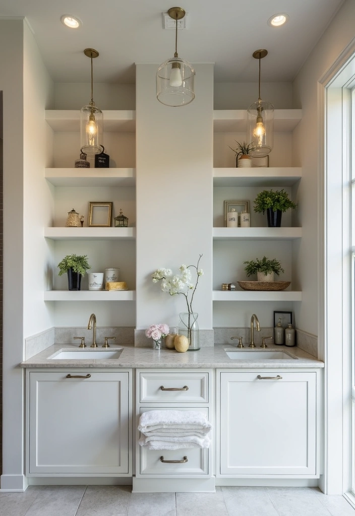 28 Bathroom High Ceiling Ideas That Add Drama - 12. Custom Shelving Solutions