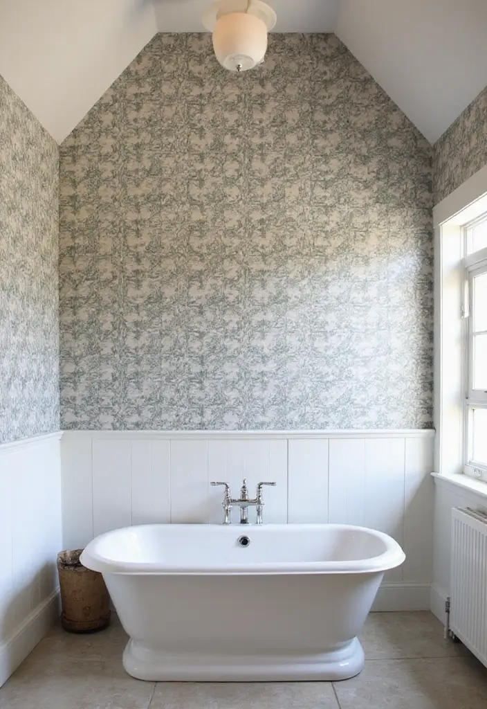 28 Bathroom High Ceiling Ideas That Add Drama - 13. Accent Walls with Wallpaper