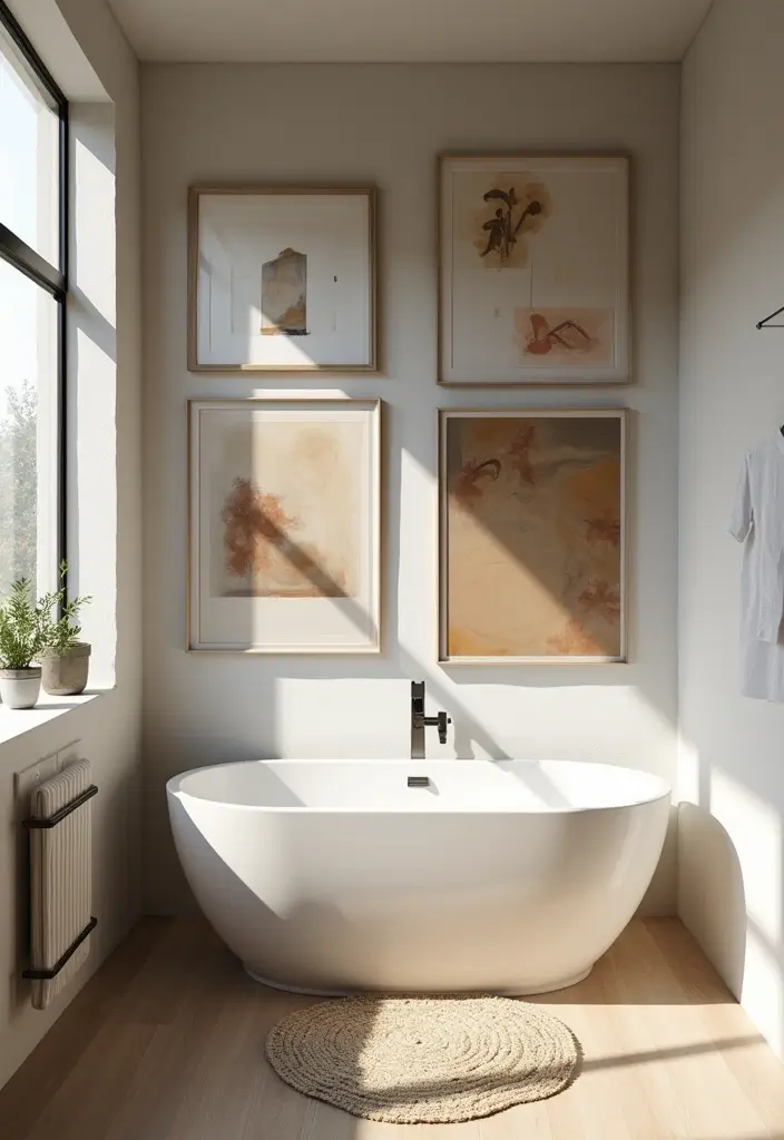 28 Bathroom High Ceiling Ideas That Add Drama - 16. Art Displays for Personality