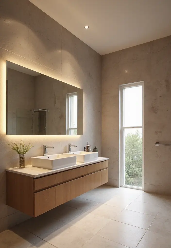 28 Bathroom High Ceiling Ideas That Add Drama - 18. Floating Vanities