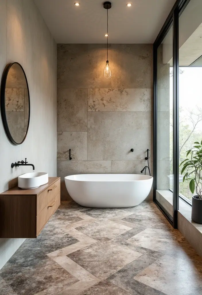 28 Bathroom High Ceiling Ideas That Add Drama - 19. Unique Flooring Options