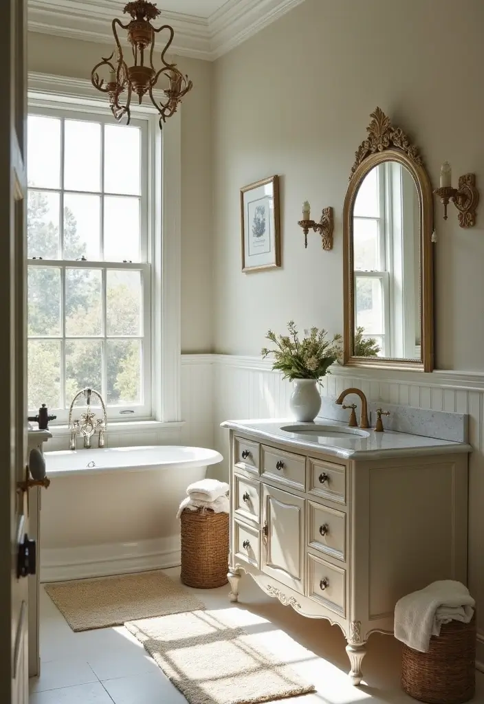28 Bathroom High Ceiling Ideas That Add Drama - 24. Vintage or Antique Accents