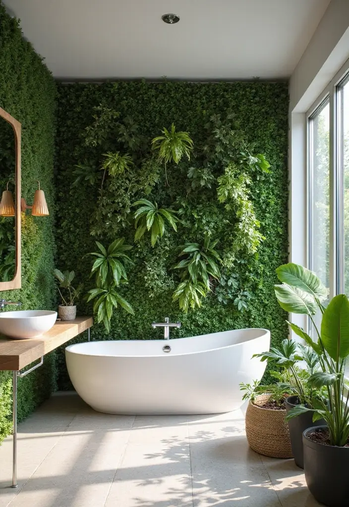 28 Bathroom High Ceiling Ideas That Add Drama - 8. Vertical Garden Features