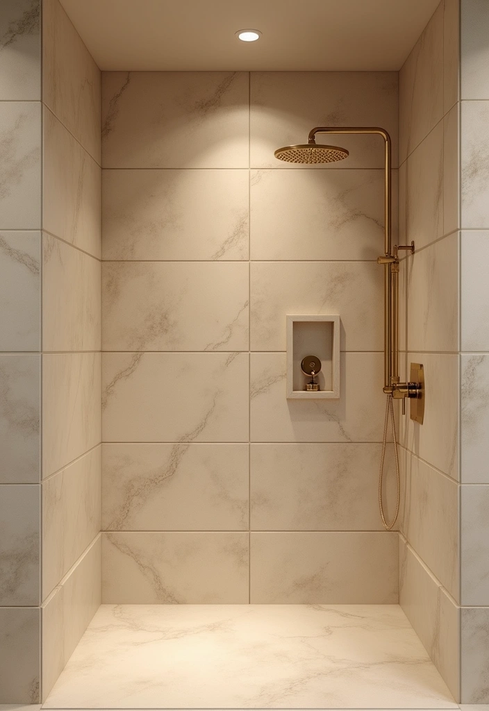 28 Beige And Gold Bathroom Ideas That Feel Chic - 1. Elegant Beige Tiles with Gold Accents