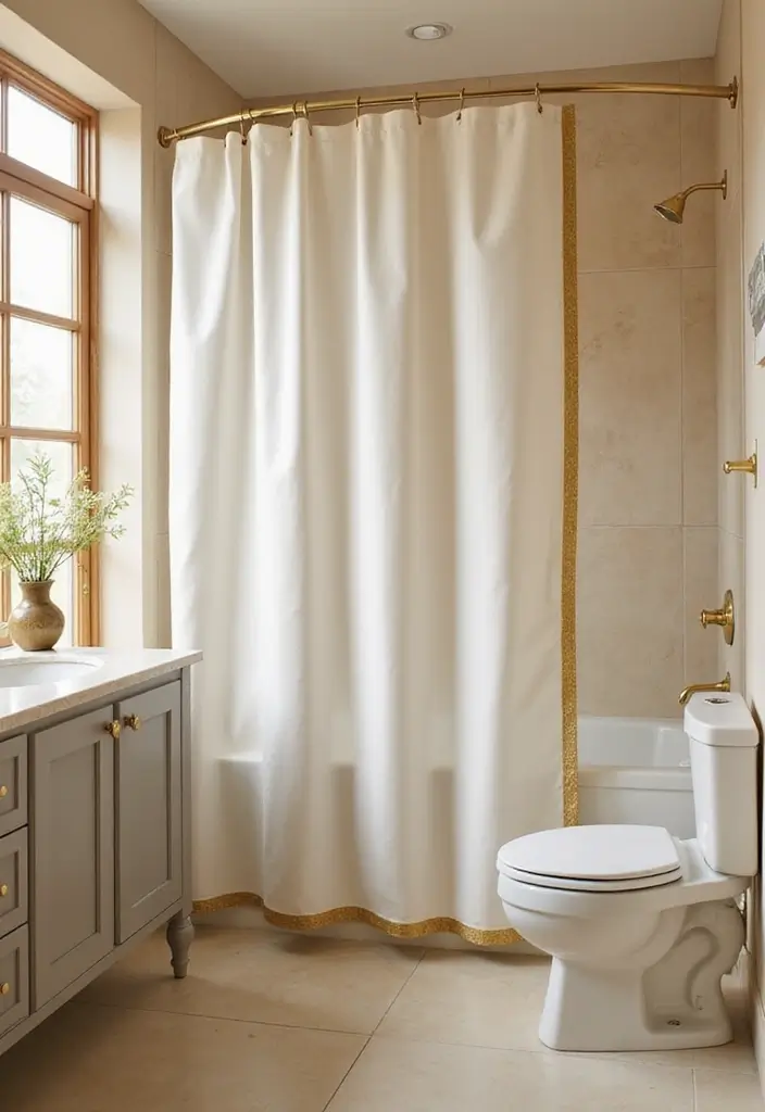 28 Beige And Gold Bathroom Ideas That Feel Chic - 12. Gold Trimmed Shower Curtains