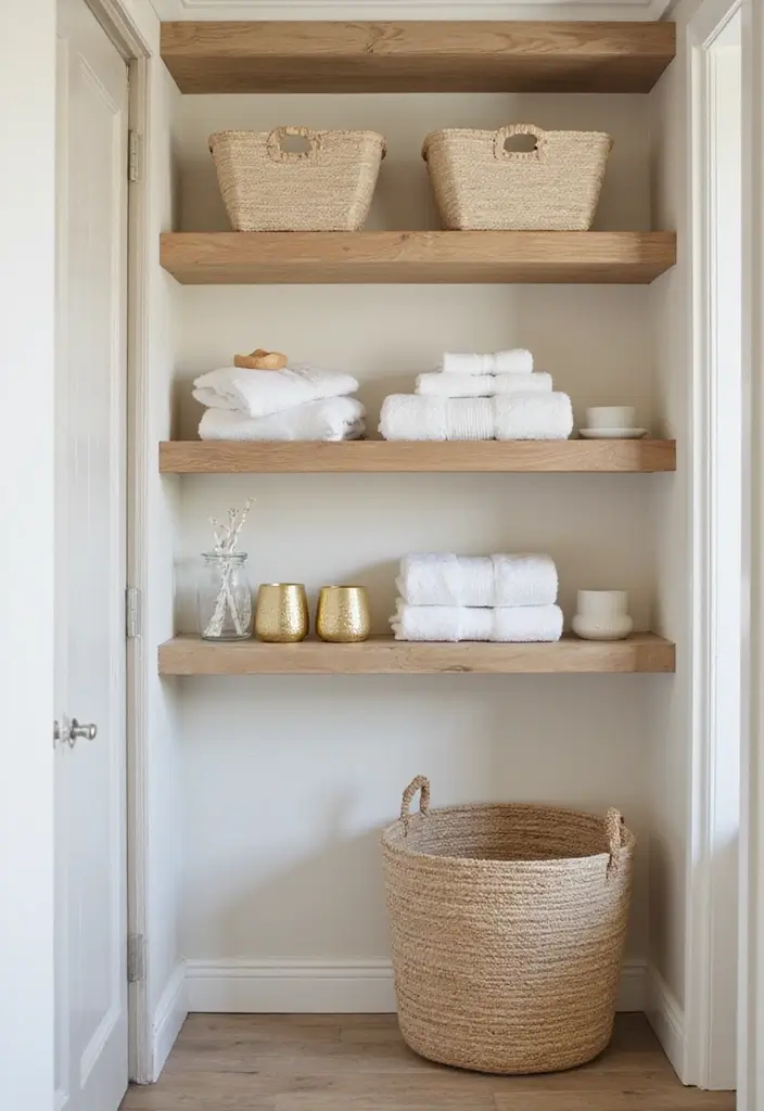 28 Beige And Gold Bathroom Ideas That Feel Chic - 13. Open Shelving with Decorative Baskets