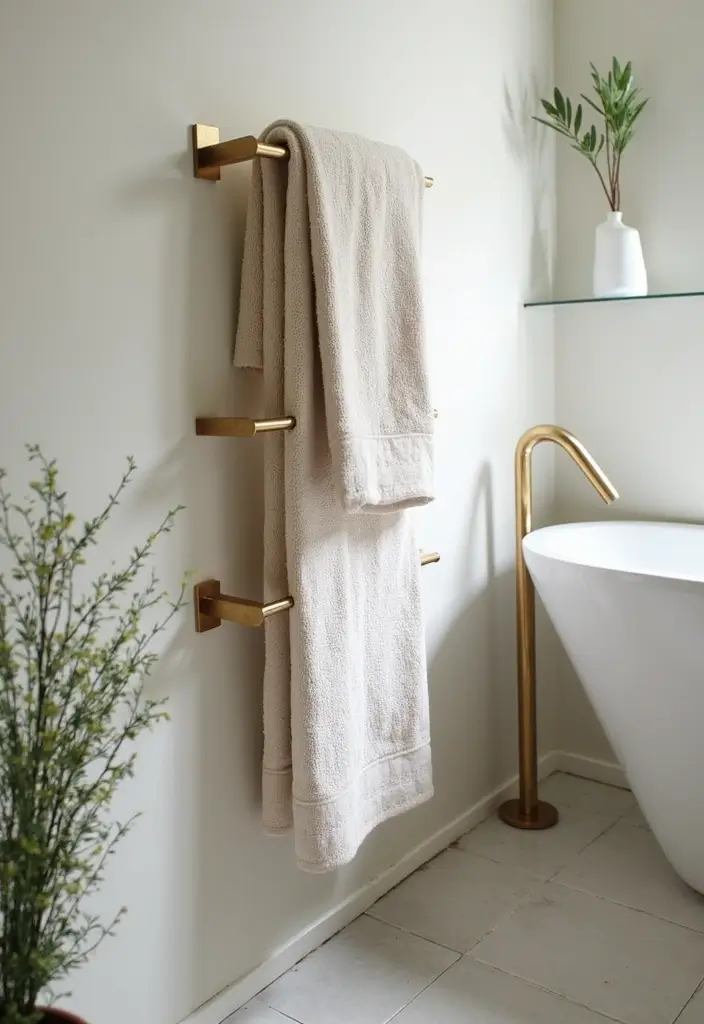 28 Beige And Gold Bathroom Ideas That Feel Chic - 16. Gold Towel Racks