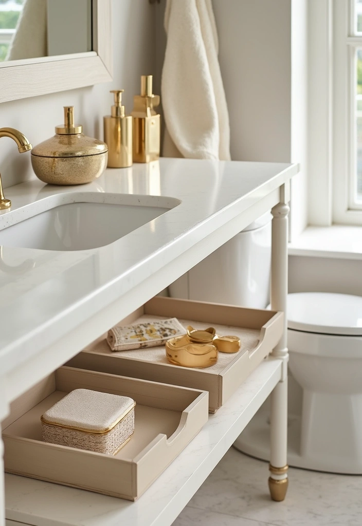 28 Beige And Gold Bathroom Ideas That Feel Chic - 17. Chic Storage Solutions