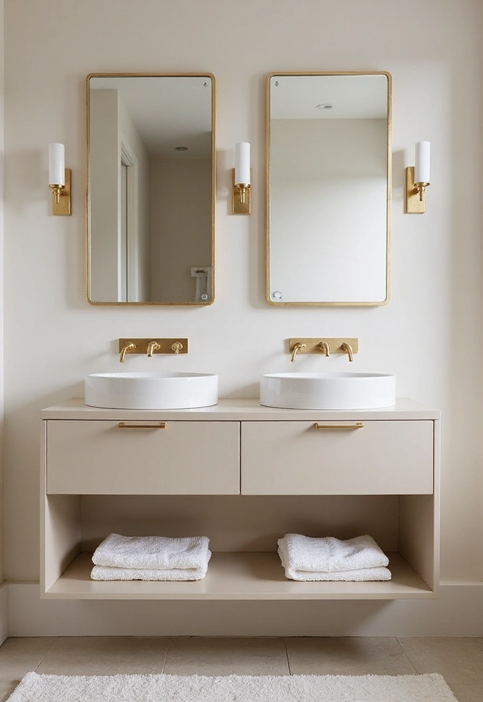28 Beige And Gold Bathroom Ideas That Feel Chic - 2. Minimalist Floating Vanities