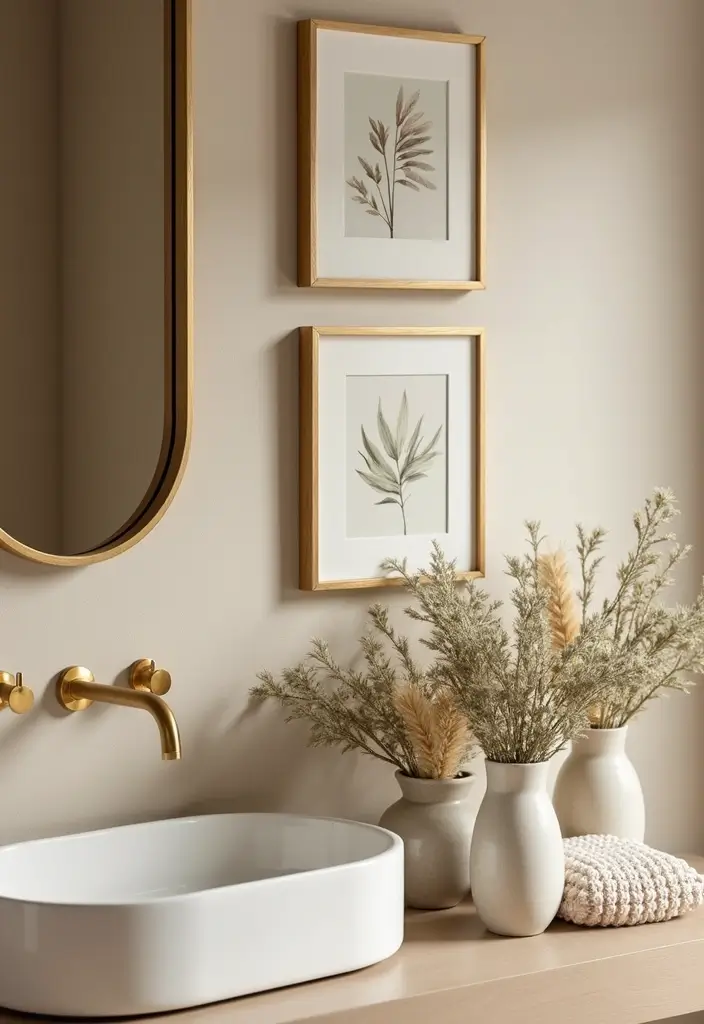 28 Beige And Gold Bathroom Ideas That Feel Chic - 20. Gold Frame Accents