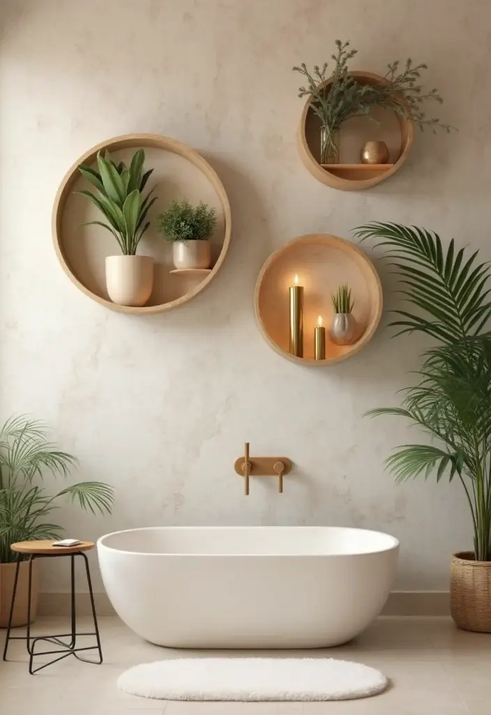 28 Beige And Gold Bathroom Ideas That Feel Chic - 21. Decorative Wall Shelves