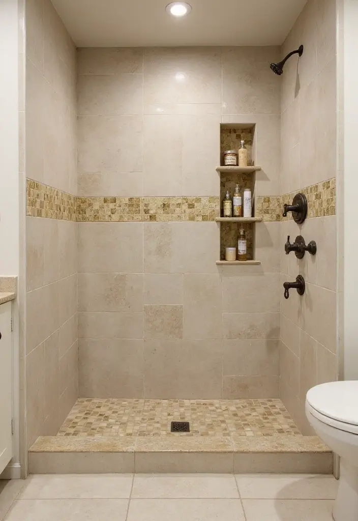 28 Beige And Gold Bathroom Ideas That Feel Chic - 25. Chic Shower Niche