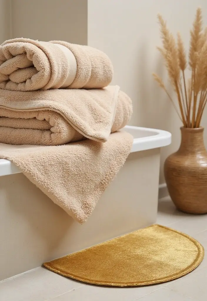 28 Beige And Gold Bathroom Ideas That Feel Chic - 4. Plush Textiles in Beige and Gold