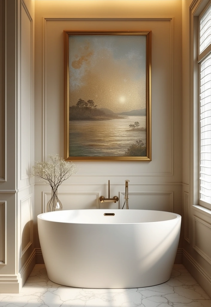 28 Beige And Gold Bathroom Ideas That Feel Chic - 5. Statement Wall Art