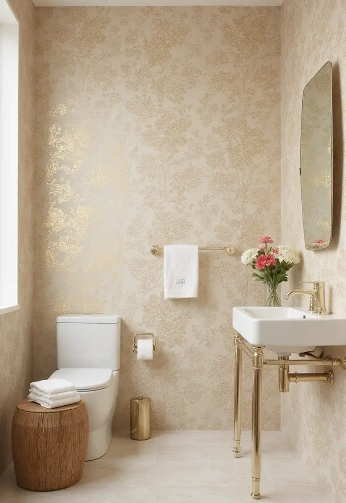 28 Beige And Gold Bathroom Ideas That Feel Chic - 9. Textured Wallpaper