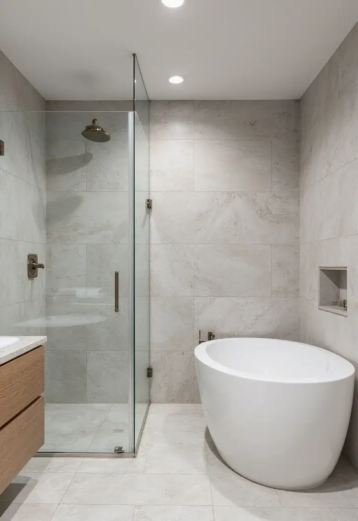 28 Eco-Friendly Bathroom Tile Ideas For Shower Tub Surrounds And Half Walls - 13. Large Format Tiles for Sleek Lines