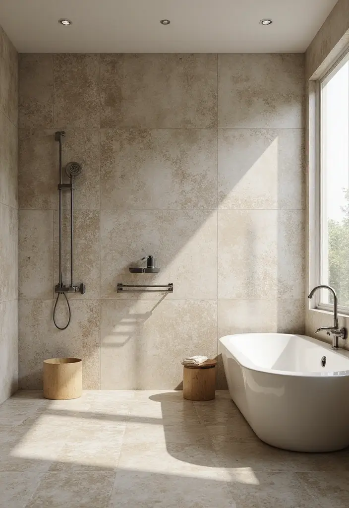 28 Eco-Friendly Bathroom Tile Ideas For Shower Tub Surrounds And Half Walls - 16. Eco-Conscious Porcelain Tiles with Natural Patterns