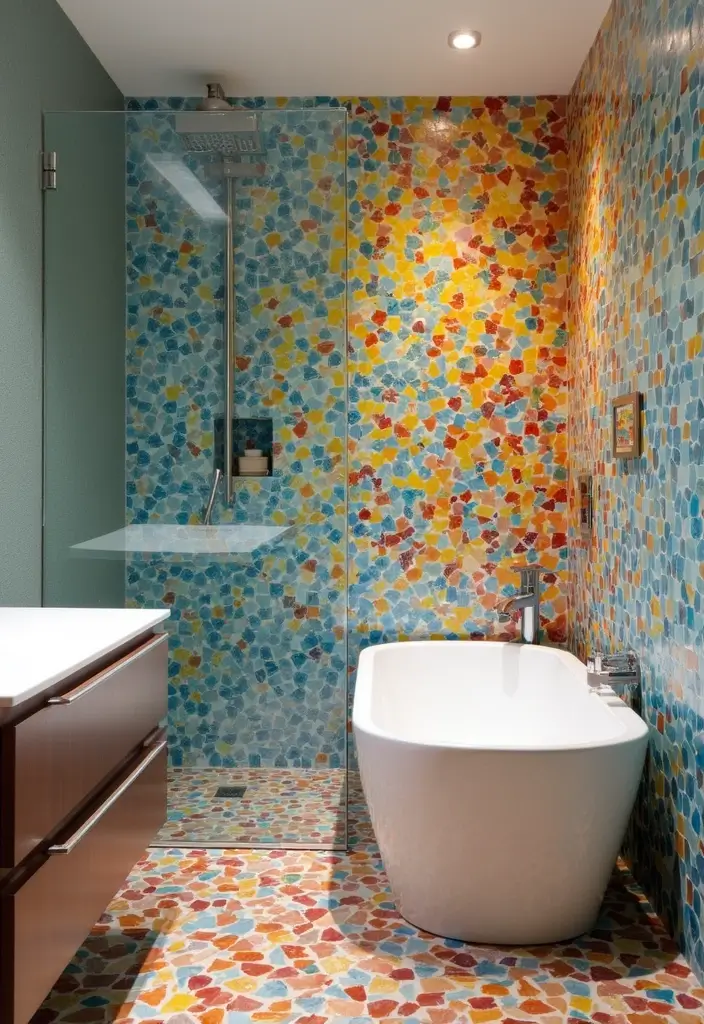 28 Eco-Friendly Bathroom Tile Ideas For Shower Tub Surrounds And Half Walls - 2. Mosaic Tiles from Recycled Glass