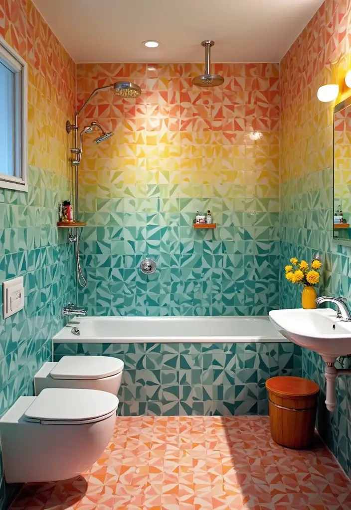 28 Eco-Friendly Bathroom Tile Ideas For Shower Tub Surrounds And Half Walls - 20. Colorful Ceramic Tiles for a Fun Pop