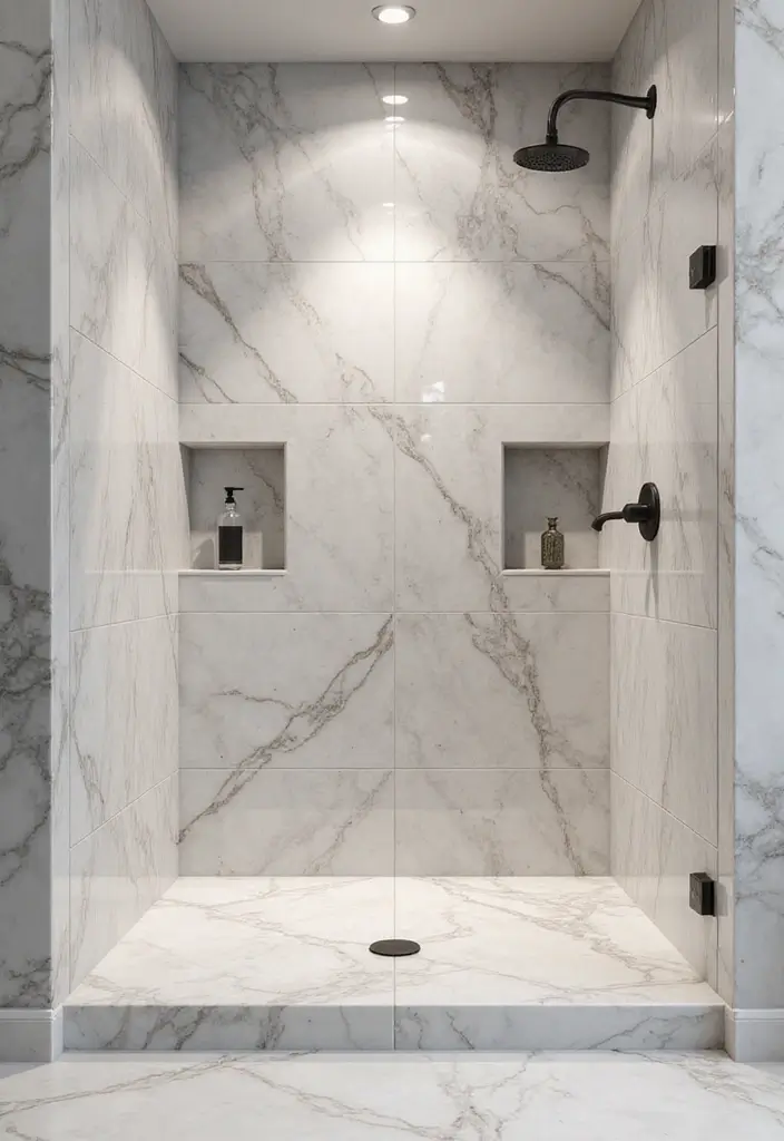 28 Eco-Friendly Bathroom Tile Ideas For Shower Tub Surrounds And Half Walls - 22. Glossy Marble Effect Tiles for Luxury