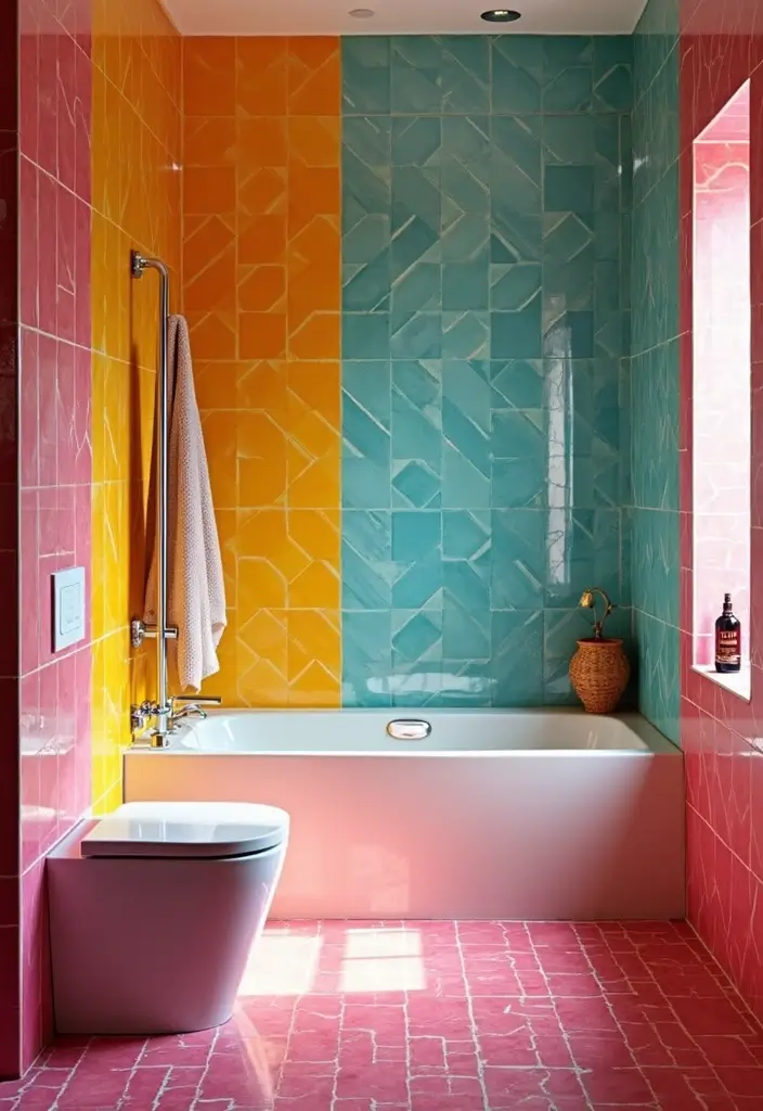 28 Eco-Friendly Bathroom Tile Ideas For Shower Tub Surrounds And Half Walls - 25. Brightly Colored Glossy Tiles for Cheer