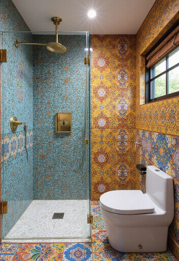 28 Eco-Friendly Bathroom Tile Ideas For Shower Tub Surrounds And Half Walls - 27. Vibrant Patterned Tiles for Bold Effect