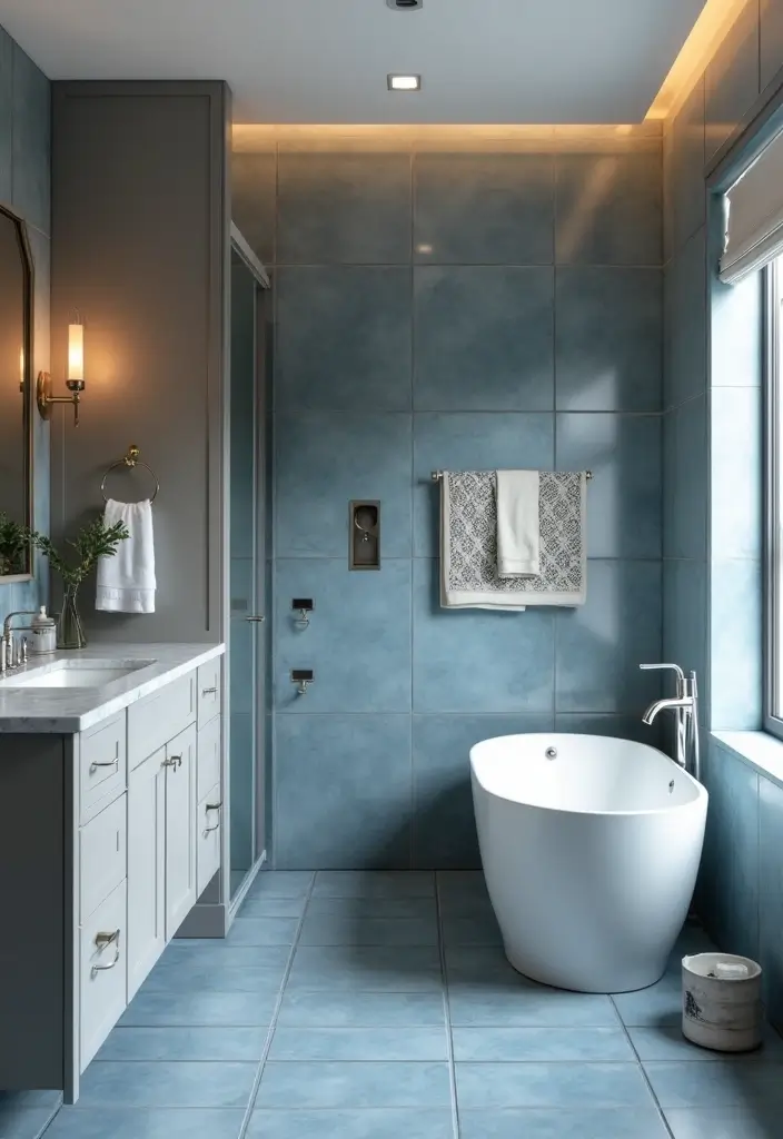 28 Grey And Blue Bathroom Ideas Colour Schemes For Master Baths - 4. Modern Minimalism