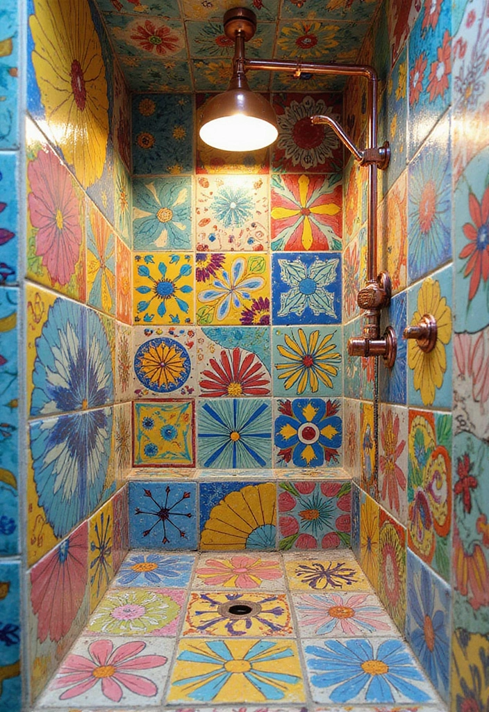 28 Jungle Bathroom Ideas That Feel Lush - 18. Funky Shower Tiles