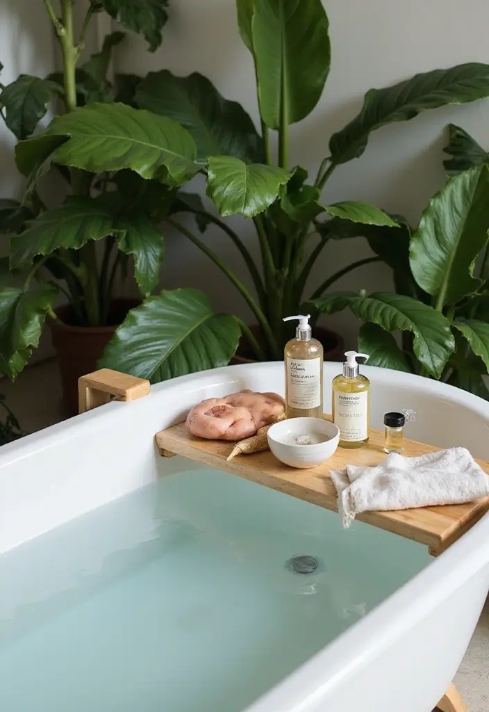 28 Jungle Bathroom Ideas That Feel Lush - 26. Stylish Bath Caddy