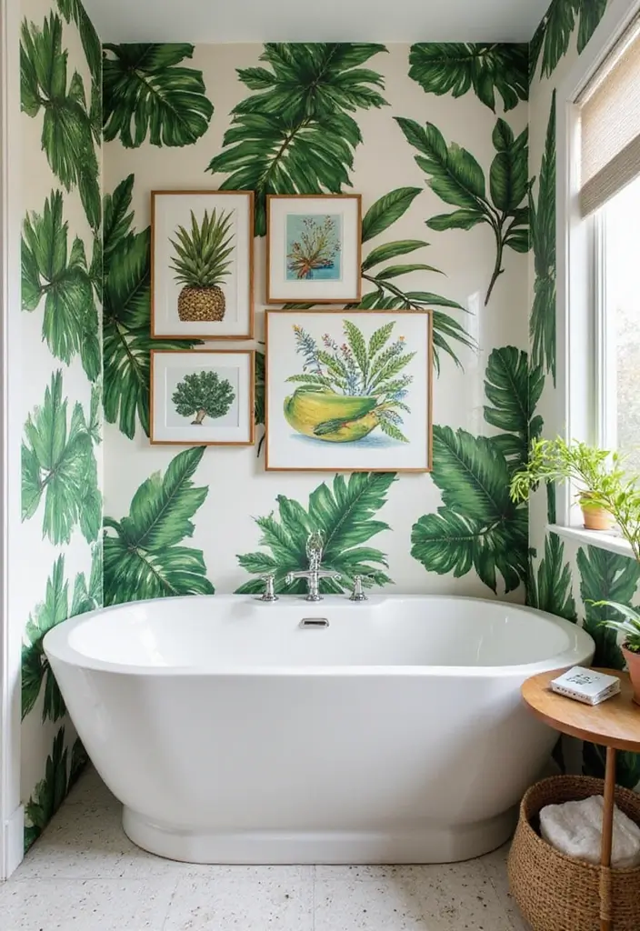 28 Jungle Bathroom Ideas That Feel Lush - 27. Tropical-Themed Artwork