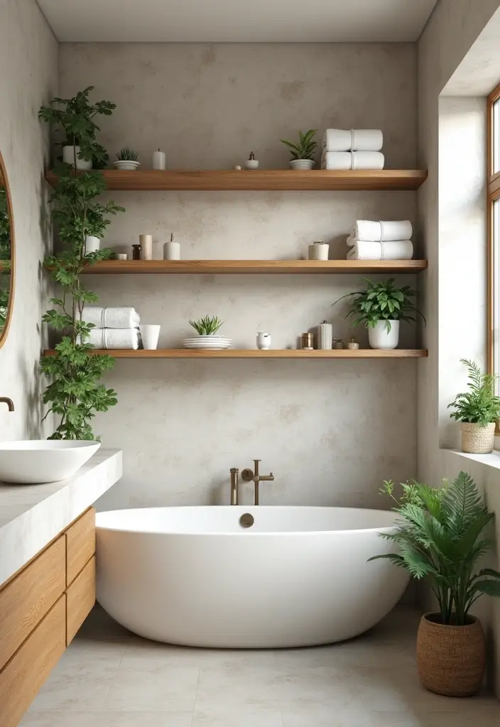28 Jungle Bathroom Ideas That Feel Lush - 7. Open Shelving with Greenery