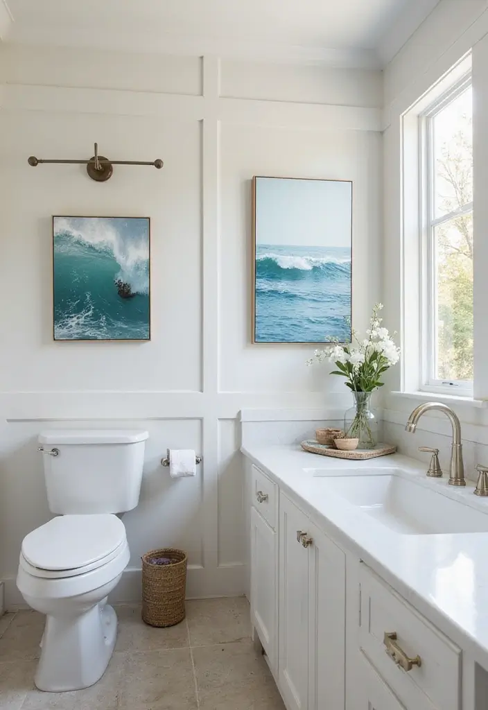 28 Modern Hamptons Bathroom Designs With Coastal Touch - 15. Coastal Artwork